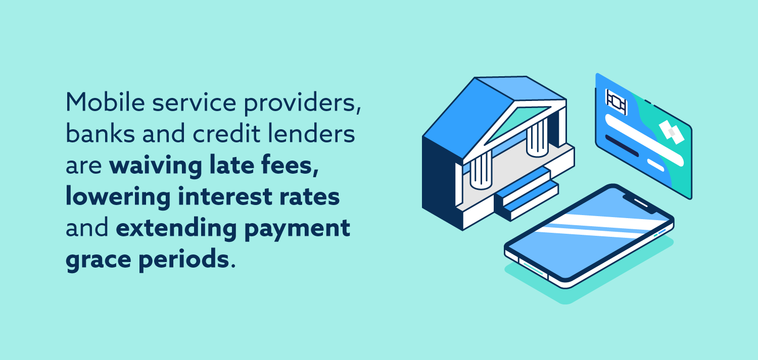 Graphic: Mobile service providers, banks and credit lenders are waiving late fees, lowering interest rates, and extending payment grace periods.